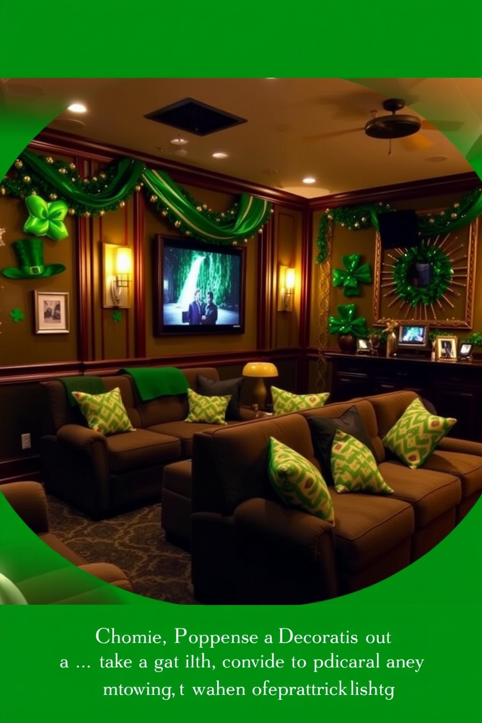 A cozy home theater setting designed for St. Patrick's Day celebrations. The walls are adorned with green and gold decorations, and plush seating is arranged for optimal viewing. An Irish music playlist fills the room with lively tunes, enhancing the festive atmosphere. Soft lighting creates a warm ambiance, perfect for enjoying movies with friends and family.