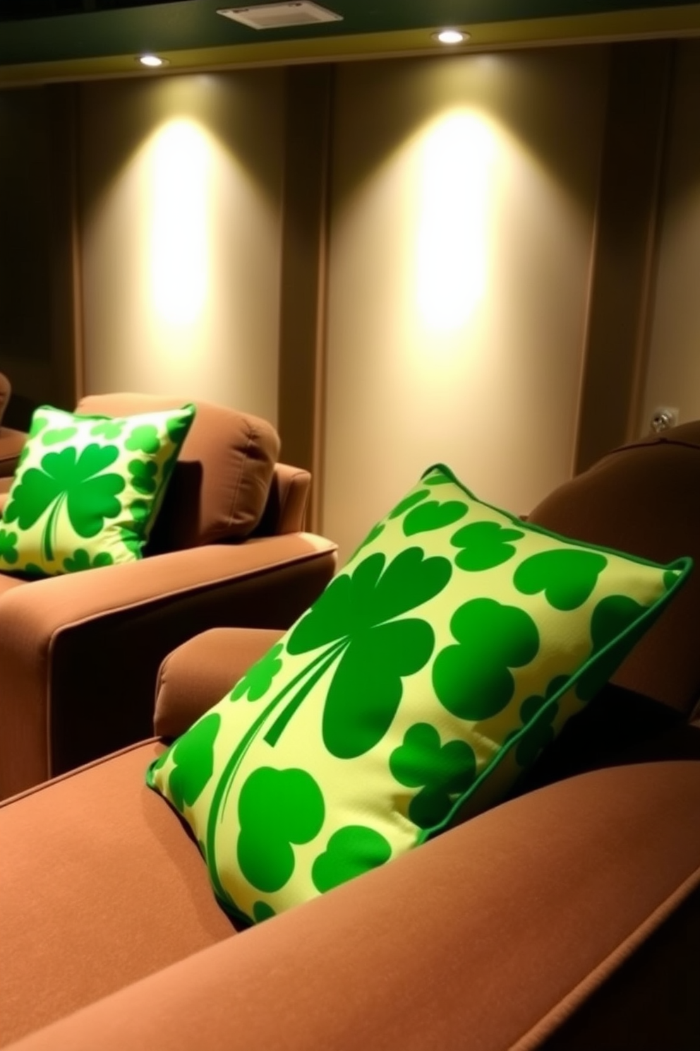 Shamrock patterned throw pillows adorn the plush couches in a cozy home theater. The room is softly illuminated, creating a festive ambiance perfect for St. Patrick's Day celebrations.