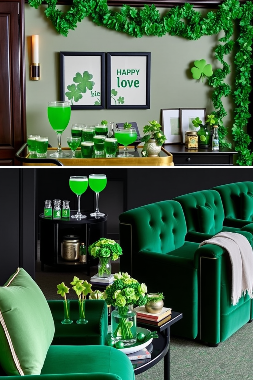 A themed drink station featuring an array of green beverages. The setup includes a stylish bar cart adorned with emerald green glassware and decorative accents. A luxurious home theater designed for ultimate comfort and entertainment. Plush seating in deep green velvet complements the dark wood accents and high-tech audiovisual equipment. Creative St. Patrick's Day decorating ideas to transform your space. Incorporate festive elements such as shamrock centerpieces and vibrant green garlands for a cheerful atmosphere.