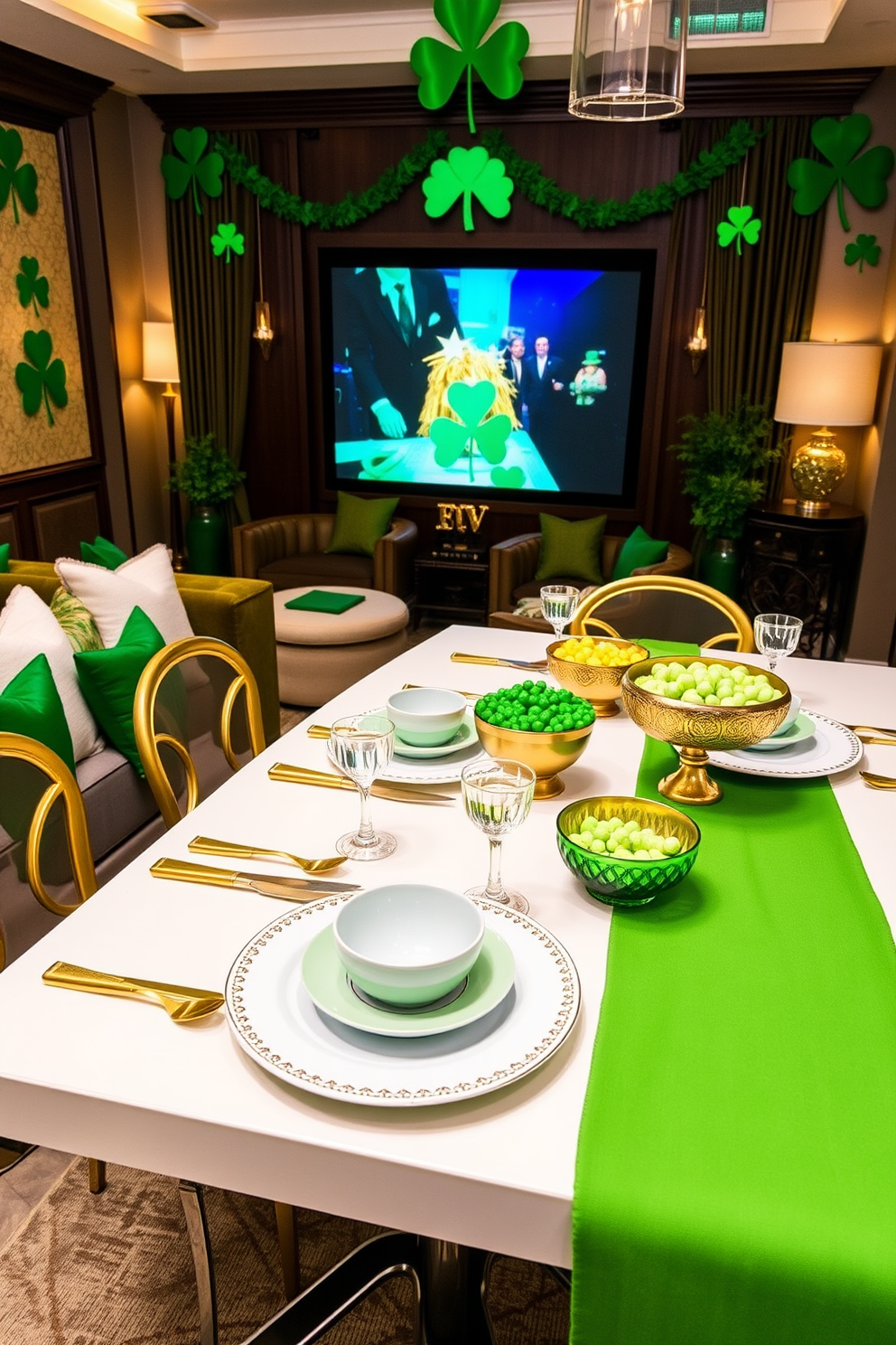 A beautiful display of gold and green tableware is set for snacks. The table features elegant plates, shimmering cutlery, and decorative bowls filled with festive treats. The home theater is designed for comfort and style. Plush seating is arranged for optimal viewing, complemented by ambient lighting and rich green accents. St. Patrick's Day decorations create a festive atmosphere. Shamrock motifs and gold accents adorn the space, bringing a touch of Irish charm to the celebration.