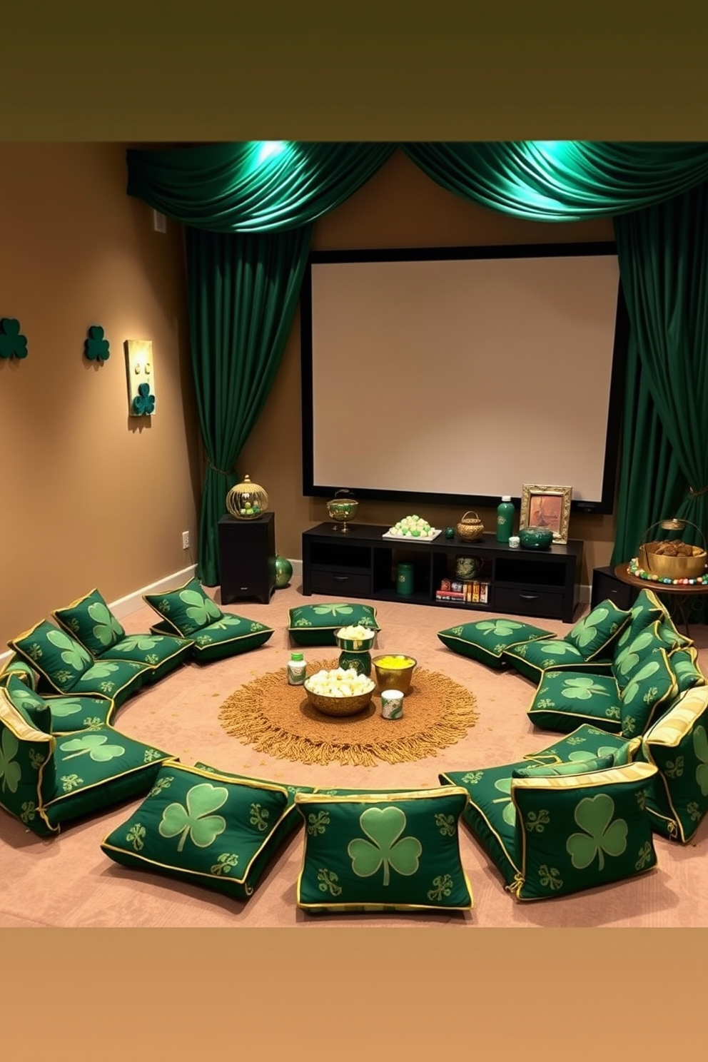 Cushioned floor seating arranged in a cozy circle, adorned with festive covers featuring shamrocks and gold accents. Soft lighting creates a warm ambiance, enhancing the inviting atmosphere for gatherings. A home theater space designed for St. Patrick's Day, with emerald green curtains framing the screen and themed decorations scattered throughout. Plush seating is complemented by popcorn bowls and festive treats, making it the perfect spot for movie nights.