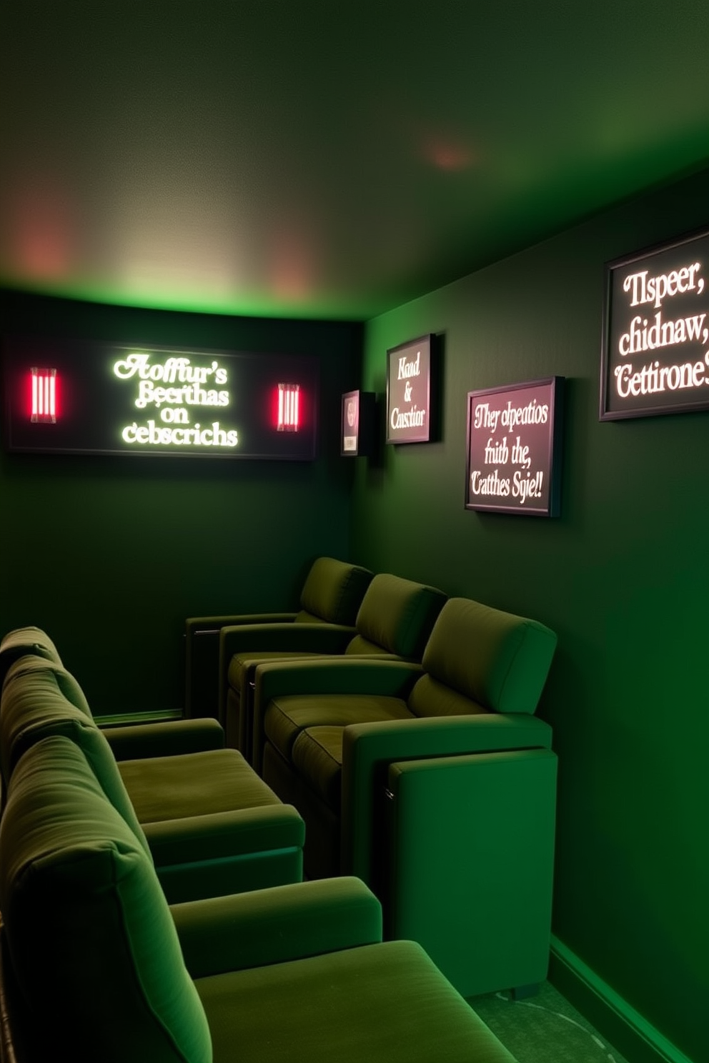 A cozy home theater adorned with wall-mounted LED signs featuring charming Irish sayings. The walls are painted in deep emerald green, and plush seating is arranged for optimal viewing comfort, creating a festive atmosphere for St. Patrick's Day celebrations.