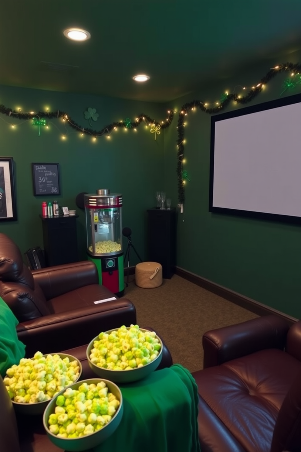 A cozy home theater setup for St. Paddy's Day. The room features deep green walls adorned with festive decorations, including shamrocks and fairy lights. A large screen is mounted on the wall, surrounded by comfortable seating in rich leather. A popcorn machine sits in the corner, with bowls of green popcorn ready for guests to enjoy.