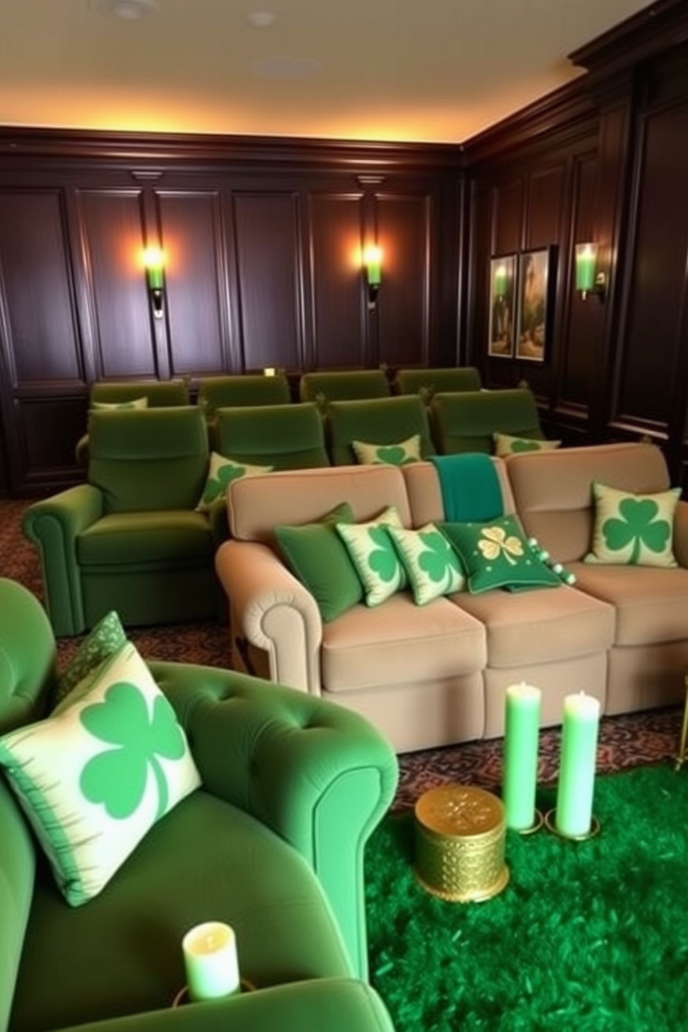 A warm and inviting home theater setting featuring plush green seating that encourages relaxation. The walls are adorned with dark wood paneling, and soft green candles are strategically placed to create a cozy glow throughout the space. For St. Patrick's Day, the room is decorated with festive green accents, including shamrock-themed throw pillows and a vibrant green area rug. Subtle touches of gold are added through decorative items, enhancing the celebratory atmosphere while maintaining an elegant design.