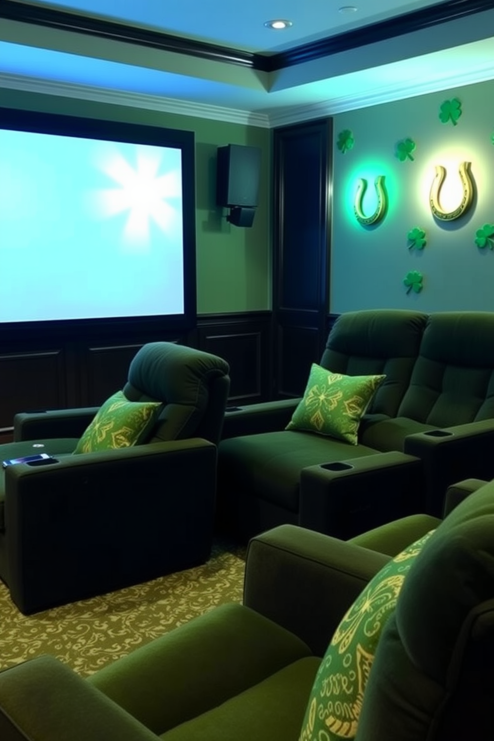 A cozy home theater adorned with lucky horseshoe decorations on the walls. The seating is plush and inviting, with rich green accents to celebrate St. Patrick's Day.