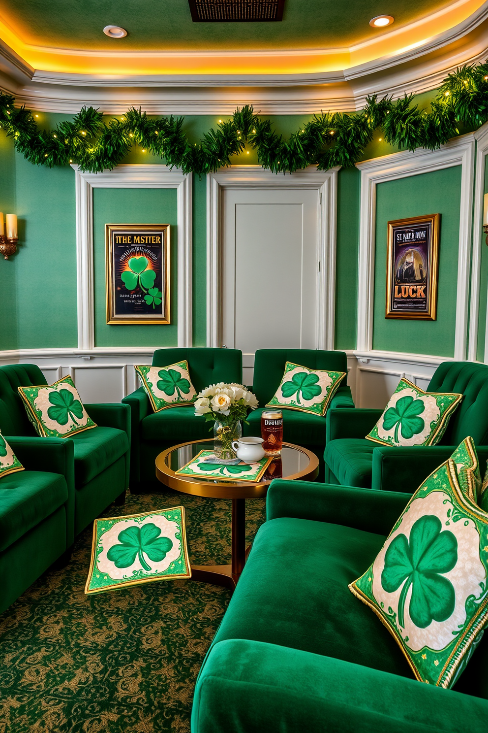 St. Patrick's Day themed coasters featuring a vibrant green background adorned with shamrocks and gold accents. Each coaster has a unique design, showcasing symbols of luck and celebration, perfect for entertaining guests. A luxurious home theater designed for comfort and style, featuring plush seating in rich emerald velvet. The walls are decorated with framed vintage movie posters and soft ambient lighting creates an inviting atmosphere for movie nights. St. Patrick's Day decorating ideas that transform your living space into a festive retreat. Incorporate green garlands, twinkling fairy lights, and themed table settings to celebrate the holiday in style.