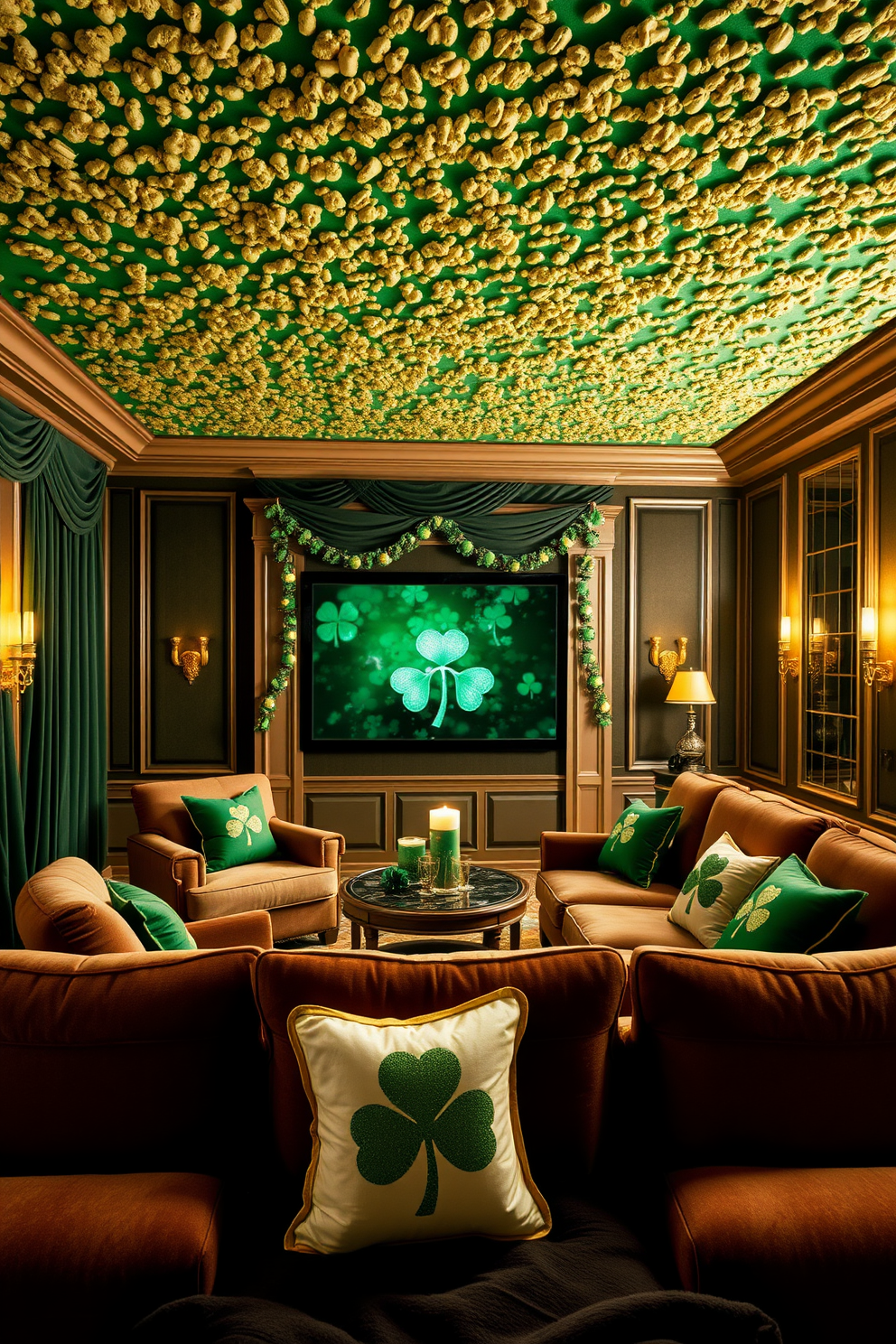 A luxurious home theater featuring a green and gold popcorn ceiling design. The walls are adorned with rich velvet curtains, and plush seating is arranged for optimal viewing comfort. For St. Patrick's Day, the space is decorated with festive green accents and gold accents throughout. Shamrock-themed cushions and garlands add a playful touch to the elegant atmosphere.