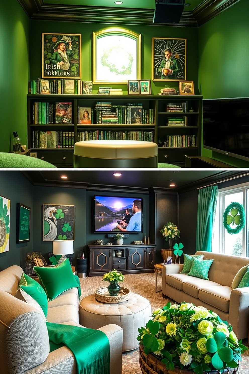 A cozy reading nook featuring shelves filled with Irish folklore books. The space is adorned with warm lighting and comfortable seating, creating an inviting atmosphere for storytelling. A luxurious home theater designed for entertainment. Plush seating, state-of-the-art sound systems, and ambient lighting set the stage for an immersive viewing experience. A festive living room decorated for St. Patrick's Day. Green and gold accents, shamrock motifs, and cheerful floral arrangements bring the spirit of the holiday to life.