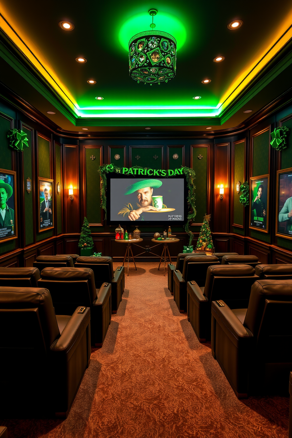 A luxurious home theater setting showcases gold and green movie poster displays adorning the walls. Plush seating arranged in a semi-circle faces a large screen, with ambient lighting enhancing the festive St. Patrick's Day decorations throughout the room.