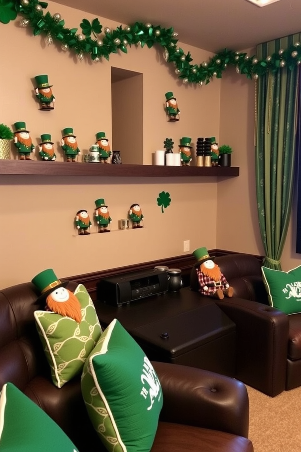 A cozy home theater adorned for St. Patrick's Day features shelves lined with charming leprechaun figurines in various poses. The walls are draped in green and gold accents, creating a festive atmosphere perfect for movie nights.