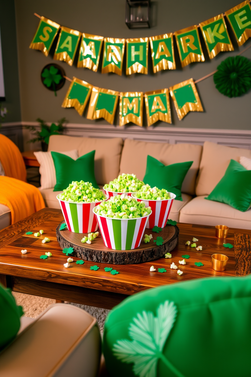 St. Patrick's Day themed popcorn bowls are arranged on a rustic wooden coffee table in a cozy home theater. The bowls are filled with vibrant green popcorn, and festive shamrock decorations are scattered around them. The home theater is adorned with St. Patrick's Day decorations, featuring green and gold banners hanging from the walls. Plush seating is accented with green throw pillows, creating a warm and inviting atmosphere for movie night.