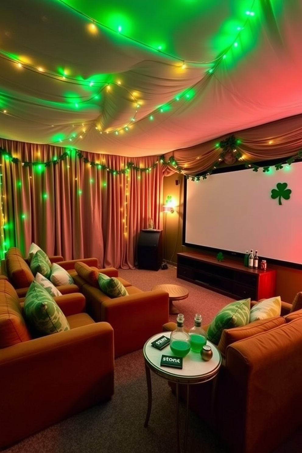 A cozy home theater adorned with fairy lights in green and gold creates a festive atmosphere. Plush seating is arranged in a semi-circle, facing a large screen, while the walls are draped with soft fabric to enhance acoustics. St. Patrick's Day decorations add a touch of whimsy, featuring shamrock garlands and themed cushions. A small snack table is set up nearby, adorned with green treats and drinks for an inviting movie night experience.