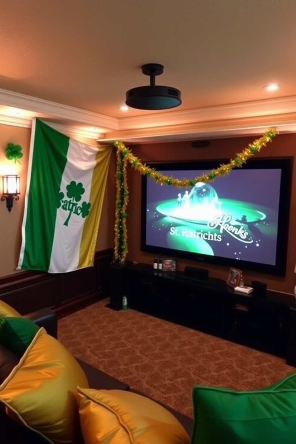 A cozy home theater decorated for St. Patrick's Day features an Irish flag draped over the large screen. The seating area is adorned with green and gold cushions, creating a festive atmosphere for movie night.