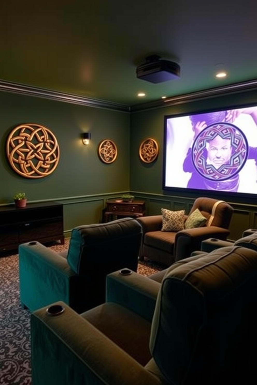 A cozy home theater adorned with Celtic knot wall art decorations creates a warm and inviting atmosphere. The walls are painted in deep green, enhancing the festive spirit of St. Patrick's Day while providing a perfect backdrop for movie nights. Plush seating is arranged in a semi-circle, ensuring everyone has a great view of the screen. Soft, ambient lighting highlights the intricate designs of the Celtic knots, adding a touch of elegance to the entertainment space.