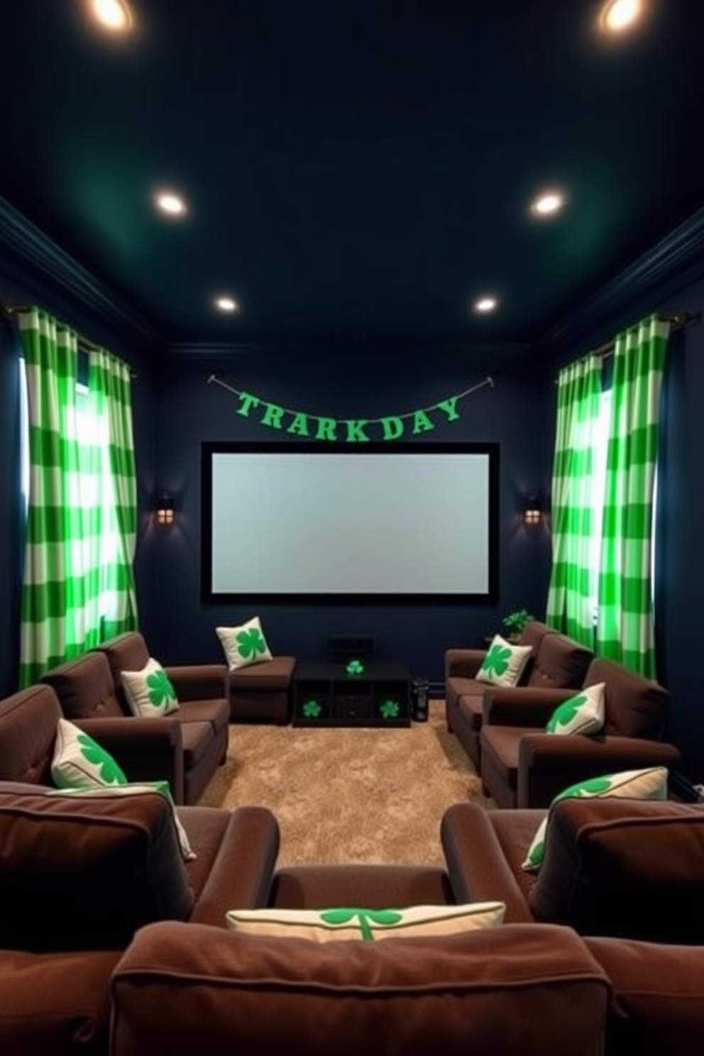 A cozy home theater featuring plush seating arranged in a semi-circle around a large screen. The walls are painted a deep navy blue, and the ceiling is adorned with soft white lighting to create an inviting atmosphere. Green and white striped curtains frame the windows, adding a touch of elegance and a pop of color to the space. The room is decorated with St. Patrick's Day accents, including shamrock-themed cushions and a festive banner, enhancing the celebratory mood.