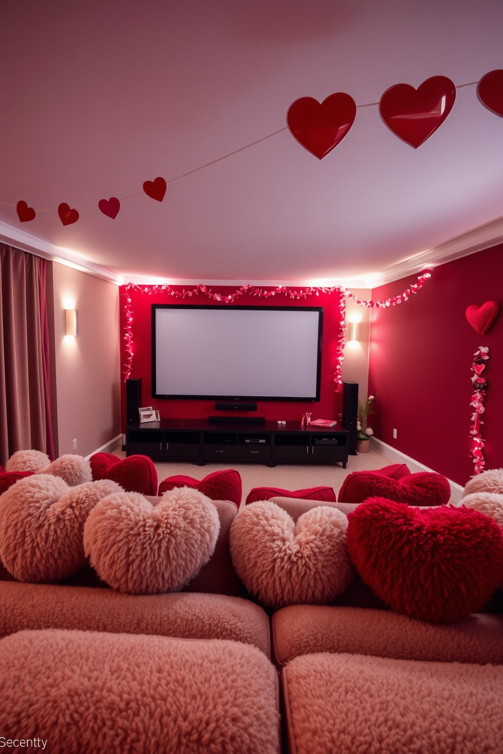 Fluffy pillows in heart shapes are scattered across a plush sectional sofa, creating a cozy and inviting atmosphere. The walls are adorned with soft, romantic lighting, enhancing the overall warmth of the home theater. A large screen is set against the backdrop of a deep red accent wall, perfect for movie nights with loved ones. Valentine's Day decorations, such as heart-shaped garlands and rose petals, add a festive touch to the space.