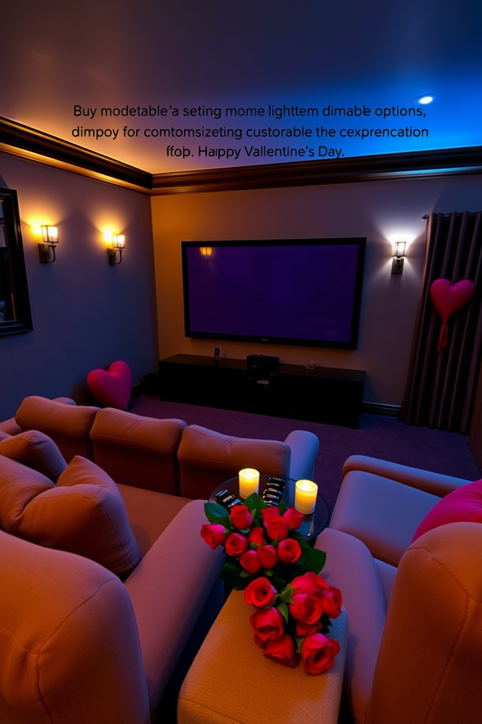 A cozy home theater setting with mood lighting that features dimmable options for a customizable viewing experience. Plush seating is arranged in a semi-circle facing a large screen, with soft, warm light emanating from stylish sconces on the walls. For Valentine's Day, the room is adorned with romantic decorations, including heart-shaped pillows on the seats and soft, ambient lighting that creates an intimate atmosphere. A small table holds a selection of chocolates and a bouquet of red roses, enhancing the festive spirit of love.