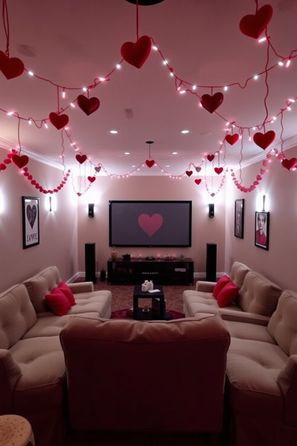 A cozy home theater adorned with heart garlands hanging gracefully from the ceiling creates a warm and inviting atmosphere. Plush seating arranged in a semi-circle faces a large screen, while soft lighting enhances the romantic ambiance for Valentine's Day celebrations.