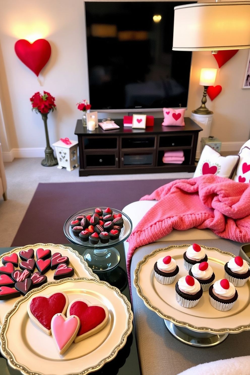 Themed snack trays filled with romantic treats create a charming atmosphere for a cozy evening. Arrange an assortment of heart-shaped cookies, chocolate-covered strawberries, and red velvet cupcakes on elegant platters. A home theater adorned with Valentine's Day decorations transforms the space into a romantic retreat. Use soft lighting, heart-themed throw pillows, and a cozy blanket to enhance the viewing experience.