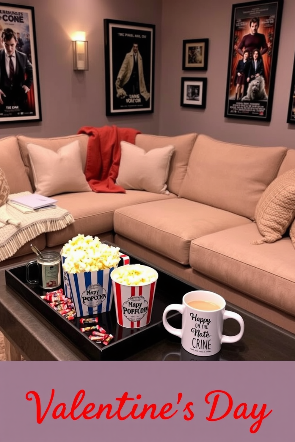 A cozy home theater setting designed for a movie night gift basket for couples. The room features a large plush sectional sofa adorned with soft throw pillows and a warm blanket, creating an inviting atmosphere. On a stylish coffee table, there are gourmet popcorn containers, a selection of candies, and two personalized mugs filled with hot cocoa. The walls are decorated with framed movie posters, and soft ambient lighting enhances the romantic vibe for Valentine's Day.