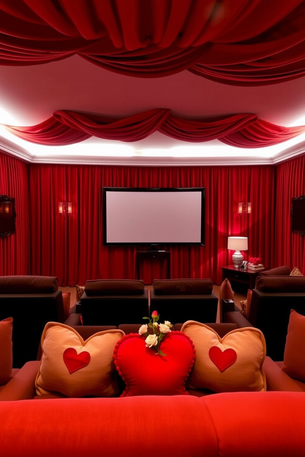 A luxurious home theater with red velvet curtains that create a dramatic effect. The room features plush seating arranged for optimal viewing, with soft ambient lighting enhancing the cozy atmosphere. For Valentine's Day, the theater is adorned with romantic decorations. Heart-shaped cushions and subtle floral accents add a touch of love to the space, making it perfect for a special movie night.