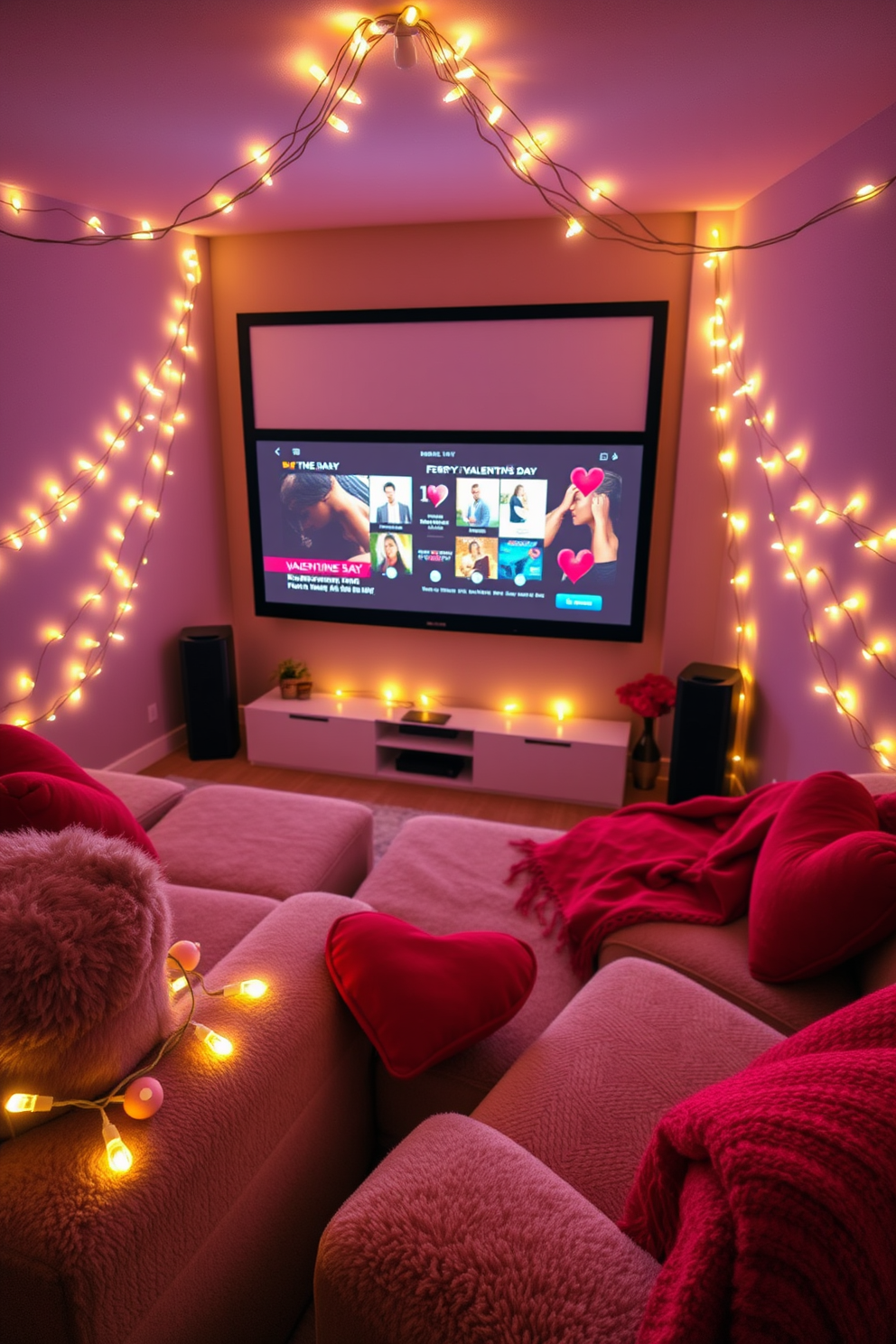 A cozy home theater setting adorned with string lights wrapped around plush furniture. The warm glow from the lights creates an inviting atmosphere perfect for movie nights. For Valentine's Day, the space features soft red and pink accents, with heart-shaped cushions and decorative throws. A large screen displays romantic films, enhancing the intimate ambiance of the room.