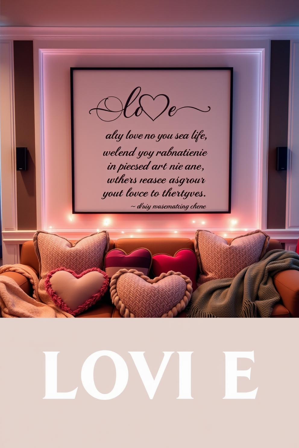 Customizable love quote wall art that features elegant typography and a romantic color palette. The design includes a heart motif and space for personalized messages to create a unique and heartfelt display. A home theater setting adorned with cozy seating and ambient lighting to enhance the cinematic experience. Valentine's Day decorations include heart-shaped pillows and soft throws to create a warm and inviting atmosphere.