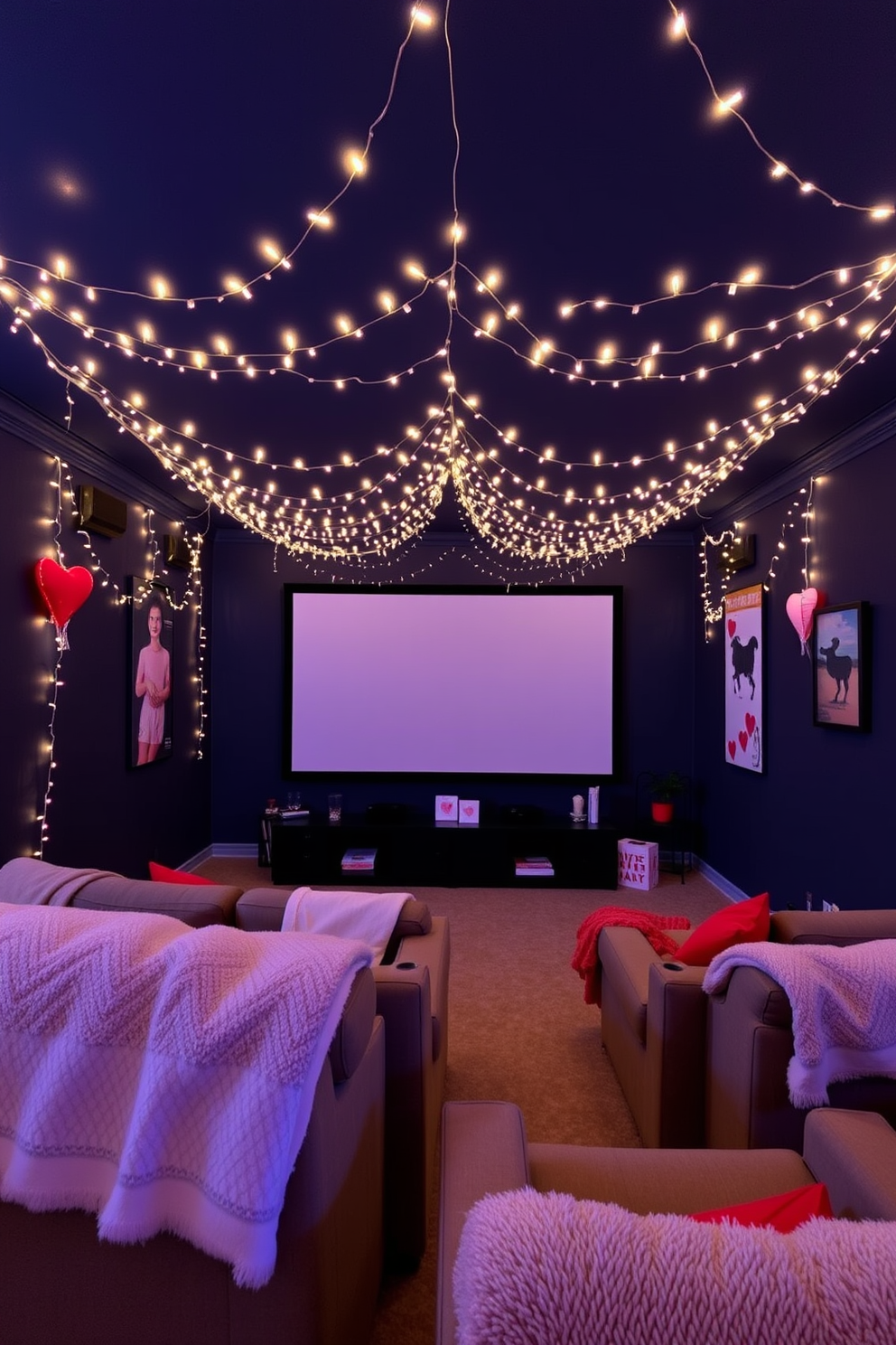 A cozy home theater setting adorned with romantic fairy lights draping across the ceiling. The walls are painted in a deep navy blue, creating an intimate atmosphere perfect for movie nights. Plush seating is arranged in a semi-circle facing a large screen, with soft throw blankets scattered across the chairs. Subtle accents of red and pink decor are placed around the room to enhance the Valentine's Day theme.