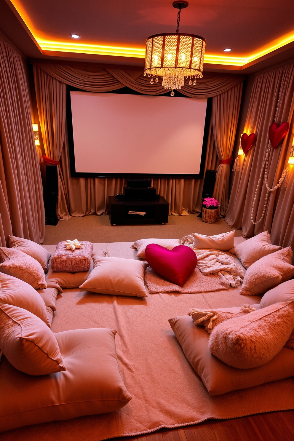 Cushioned floor seating is arranged in a cozy corner, surrounded by soft blankets and plush pillows for maximum comfort. The warm lighting creates an inviting atmosphere, perfect for relaxing or entertaining guests. In the home theater, a large screen is framed by elegant drapes, and the seating is designed for an immersive viewing experience. Valentine's Day decorations include romantic touches like heart-shaped cushions and soft, ambient lighting to enhance the mood.