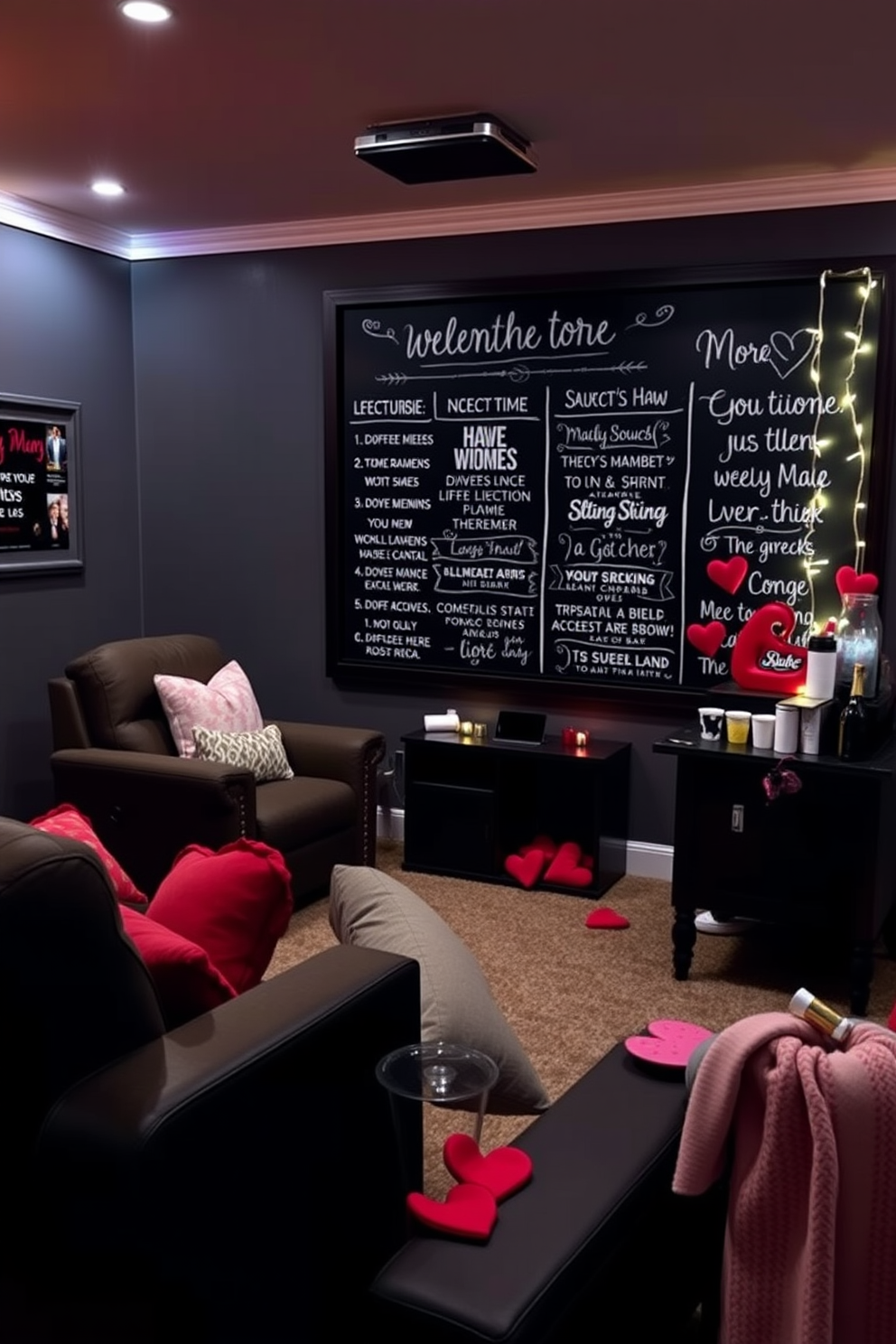 A stylish home theater featuring a large chalkboard on the wall displaying movie choices and memorable quotes. The seating area includes plush recliners, and soft ambient lighting creates a cozy atmosphere for movie nights. For Valentine's Day, the home theater is adorned with romantic decorations such as heart-shaped cushions and twinkling fairy lights. A small snack bar is set up with themed treats and beverages to enhance the celebratory mood.