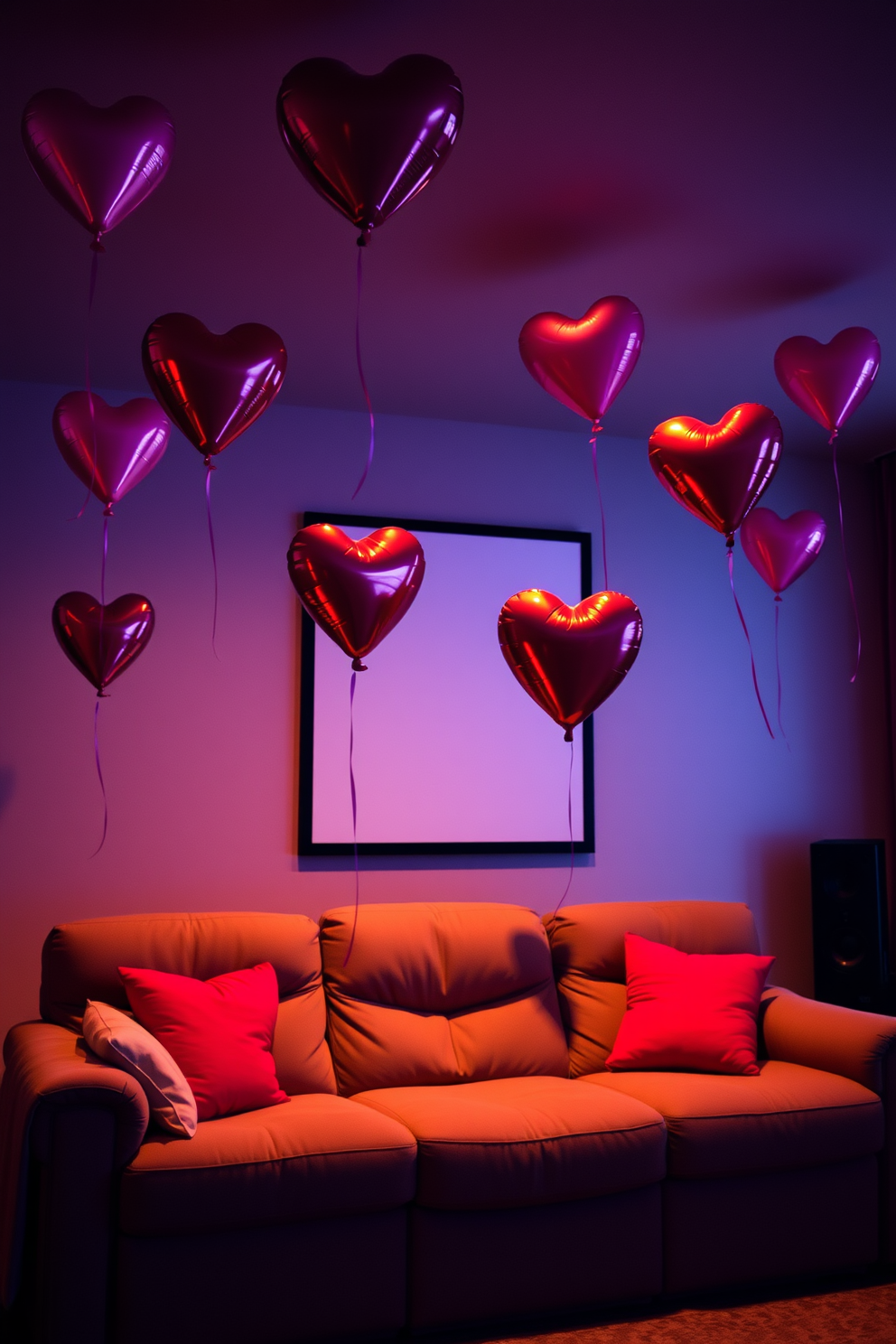 A cozy home theater setting adorned with heart-shaped balloons floating gracefully around the room. Soft ambient lighting highlights the plush seating area, creating a romantic atmosphere perfect for Valentine's Day movie nights.