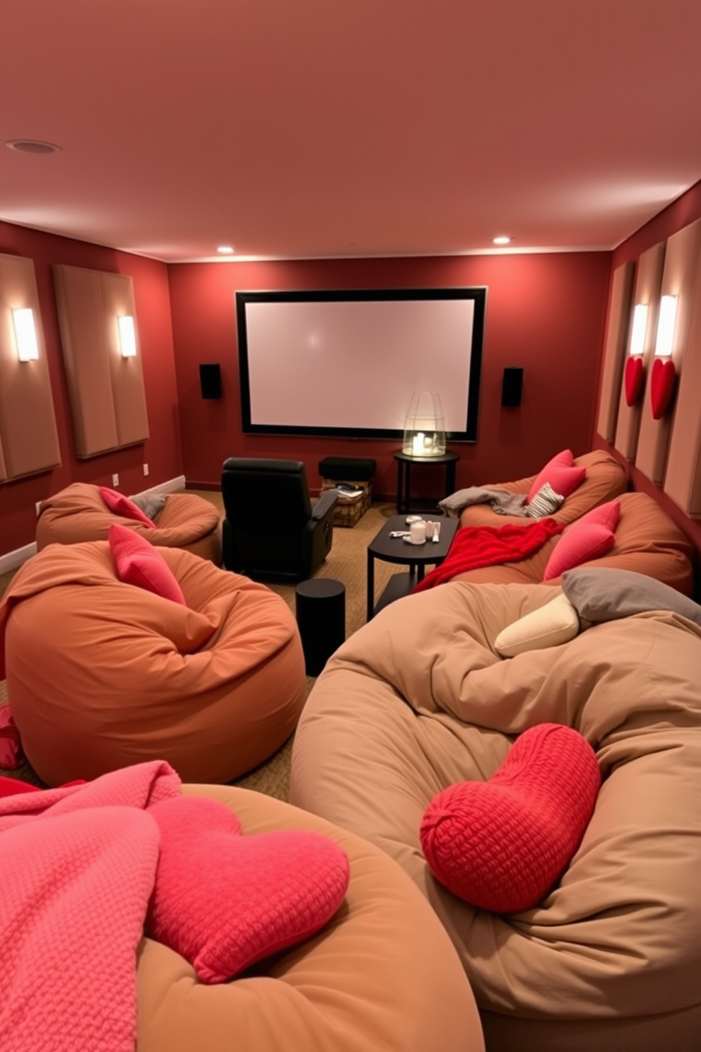 Comfortable bean bags for relaxation. The room features oversized, plush bean bags in various colors, arranged in a cozy nook with soft lighting and a small side table for snacks and drinks. Home Theater. The space is designed with a large screen, plush reclining seats, and acoustic panels on the walls, creating an immersive movie-watching experience complemented by ambient lighting. Valentines Day Decorating Ideas. The room is adorned with romantic accents like heart-shaped pillows, soft red and pink throw blankets, and candlelight to create a warm and inviting atmosphere for a special evening.