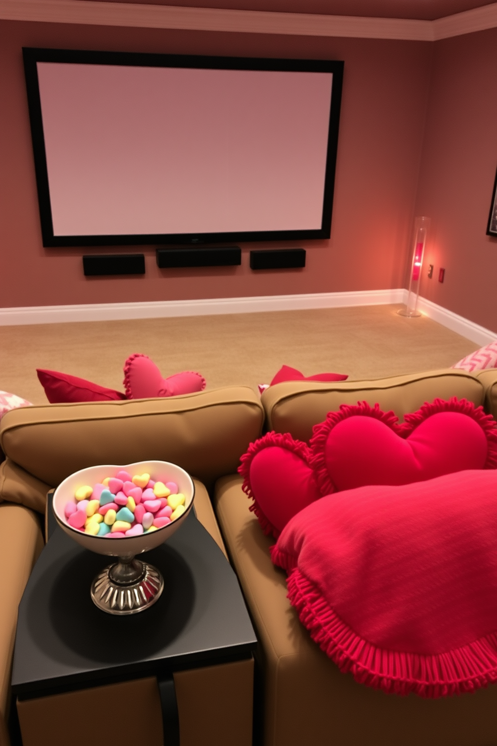 Create a cozy home theater setting perfect for Valentine's Day. The room features plush seating arranged around a large screen, with decorative bowls filled with colorful candy hearts placed on side tables. Soft lighting casts a warm glow, enhancing the romantic atmosphere. Heart-themed throw pillows and blankets are draped over the seats, inviting guests to relax and enjoy the movie experience.