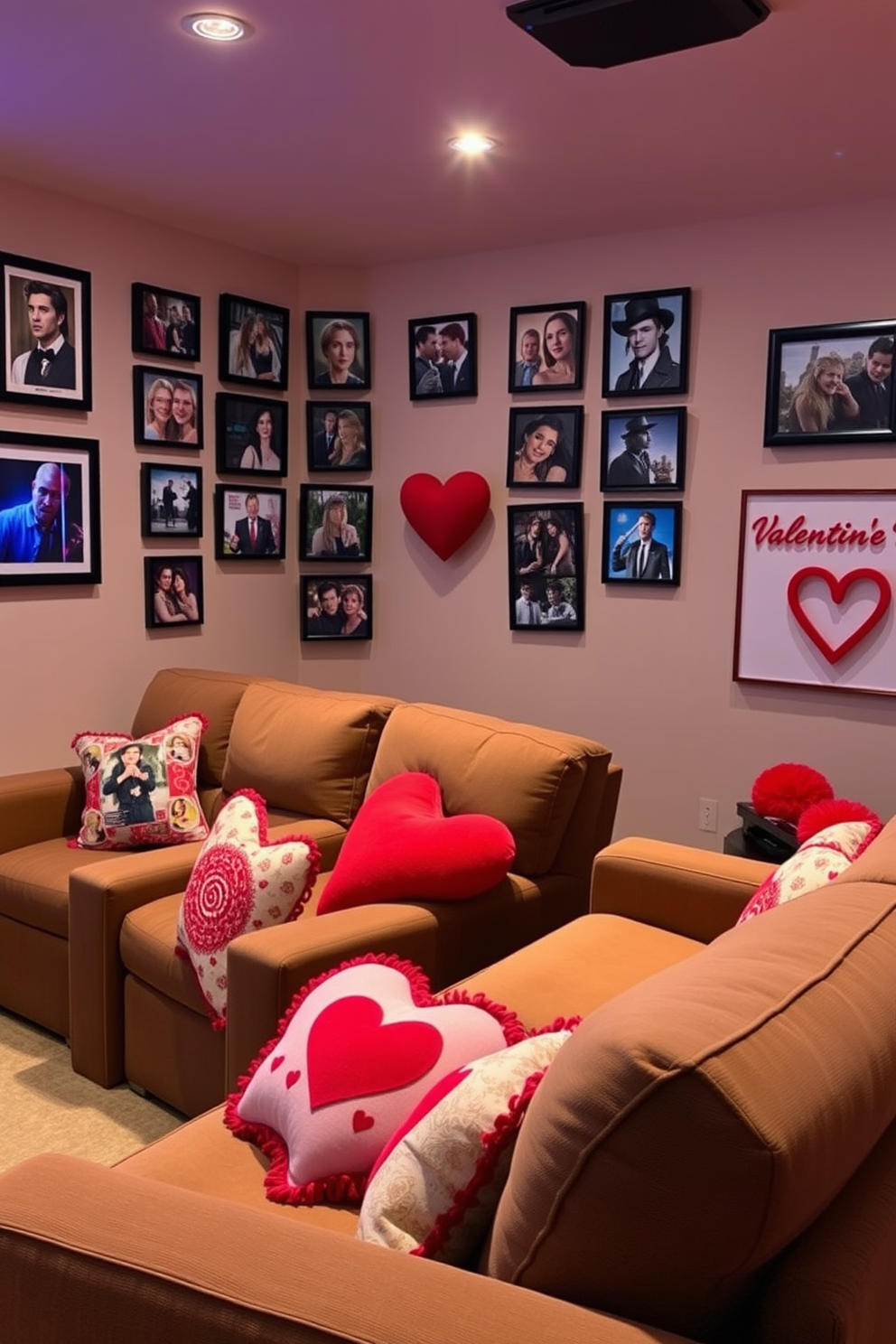 A cozy home theater setting designed for movie lovers. The walls are adorned with framed pictures of favorite movie moments, creating a nostalgic atmosphere. Soft lighting enhances the space, with plush seating arranged for optimal viewing. Valentine's Day decorations include heart-shaped cushions and romantic-themed wall art, adding a festive touch to the room.