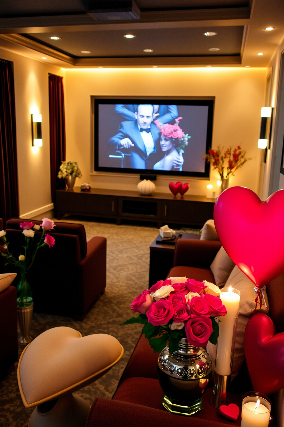 A cozy home theater adorned with plush seating and ambient lighting creates an inviting atmosphere for movie nights. Seasonal flowers in elegant vases are strategically placed around the room, adding a touch of freshness and color to the decor. For Valentine's Day, the space is decorated with soft, romantic hues and delicate accents. Heart-shaped cushions and candles enhance the cozy vibe, while vibrant floral arrangements bring a festive spirit to the setting.