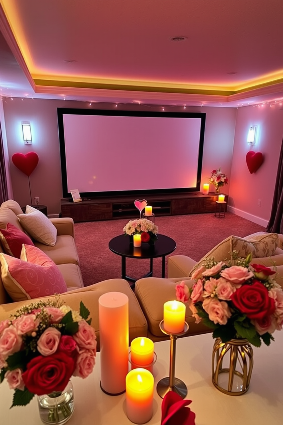 A cozy home theater setting designed for a romantic movie night. Soft lighting illuminates plush seating arranged for comfort, with a large screen as the focal point. A curated mood-setting music playlist enhances the atmosphere, featuring soft jazz and acoustic melodies. Decorative elements include heart-shaped cushions and dimmed fairy lights for a warm ambiance. Valentines Day decorating ideas include elegant floral arrangements in soft pinks and reds. Candles of varying heights create a romantic glow, while personalized touches add a special flair.