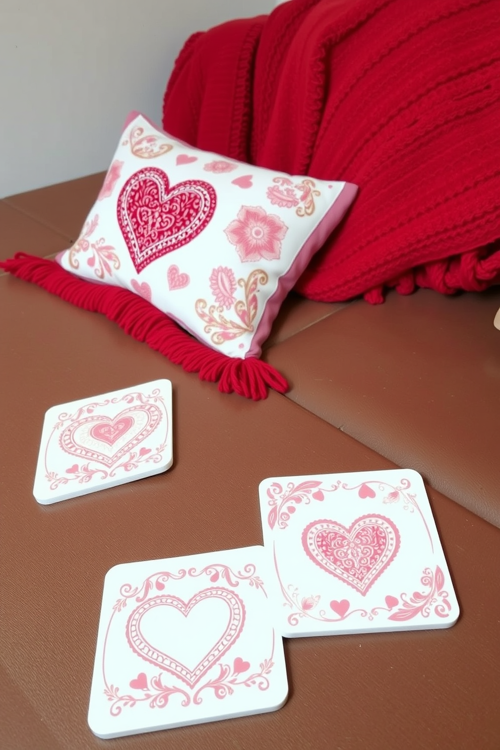 Themed coasters with romantic designs. Each coaster features intricate patterns of hearts and floral motifs in soft pastel colors. Home Theater Valentines Day Decorating Ideas. The space is adorned with cozy blankets and cushions in shades of red and pink, creating an inviting atmosphere for a romantic movie night.