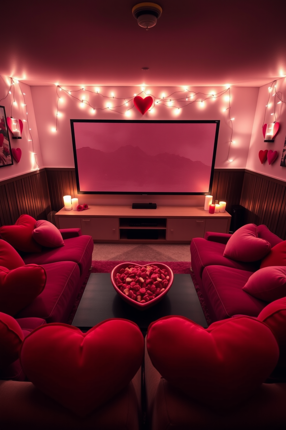 A cozy home theater setting designed for Valentine's Day. The seating area features plush heart-shaped cushions in shades of red and pink arranged around a large screen. Soft ambient lighting creates a romantic atmosphere, with decorative string lights and candles placed strategically around the room. A bowl of heart-shaped snacks sits on the coffee table, inviting guests to indulge while enjoying their favorite films.