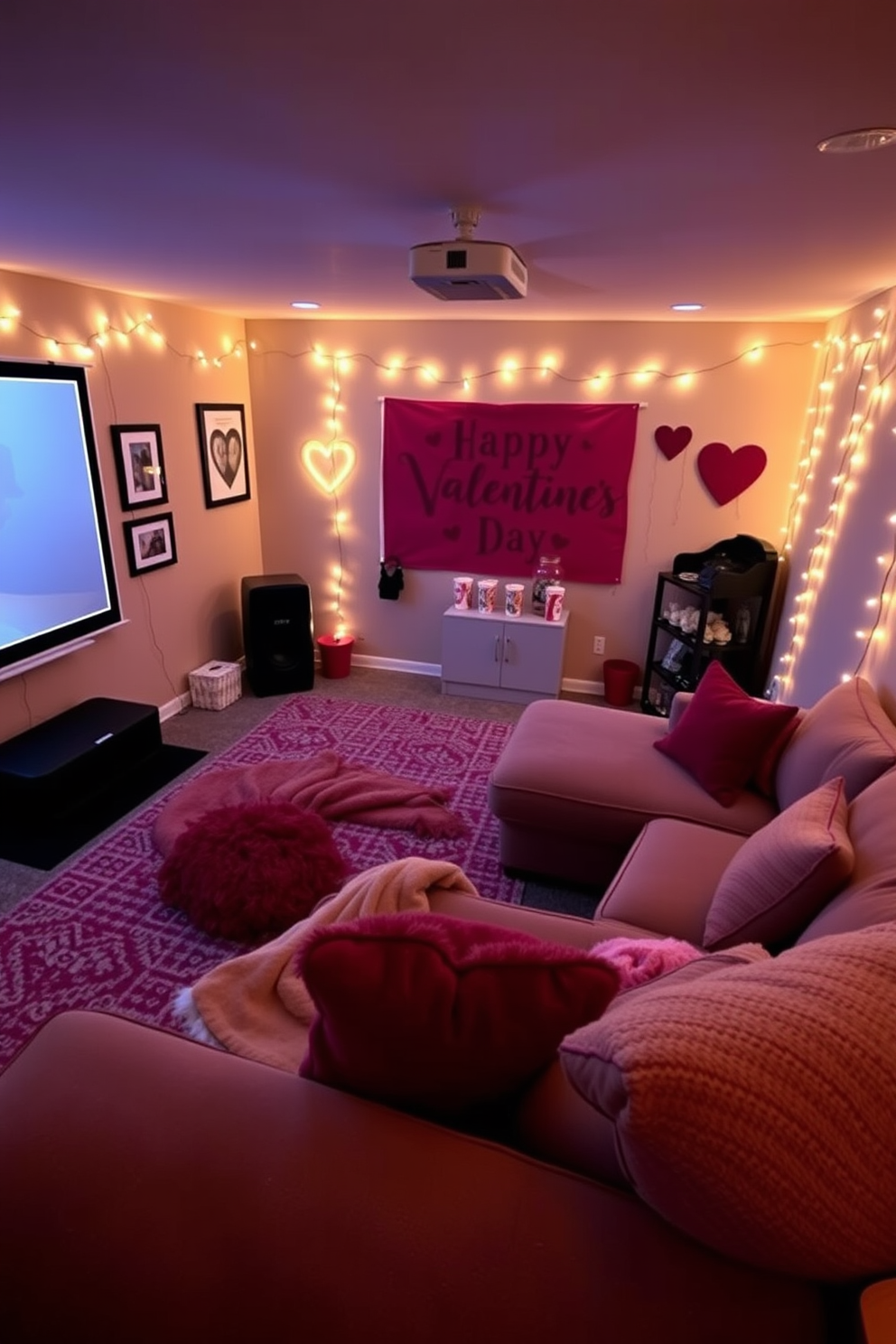 A cozy home theater setup designed for a romantic movie night. The space features a large sectional sofa adorned with plush throw pillows, a soft blanket draped over one armrest, and dimmable lighting to create an intimate atmosphere. Decorative elements include heart-themed wall art and a popcorn bar with various toppings. A projector screen is set up for movie viewing, while fairy lights are strung along the walls to enhance the Valentine's Day theme.