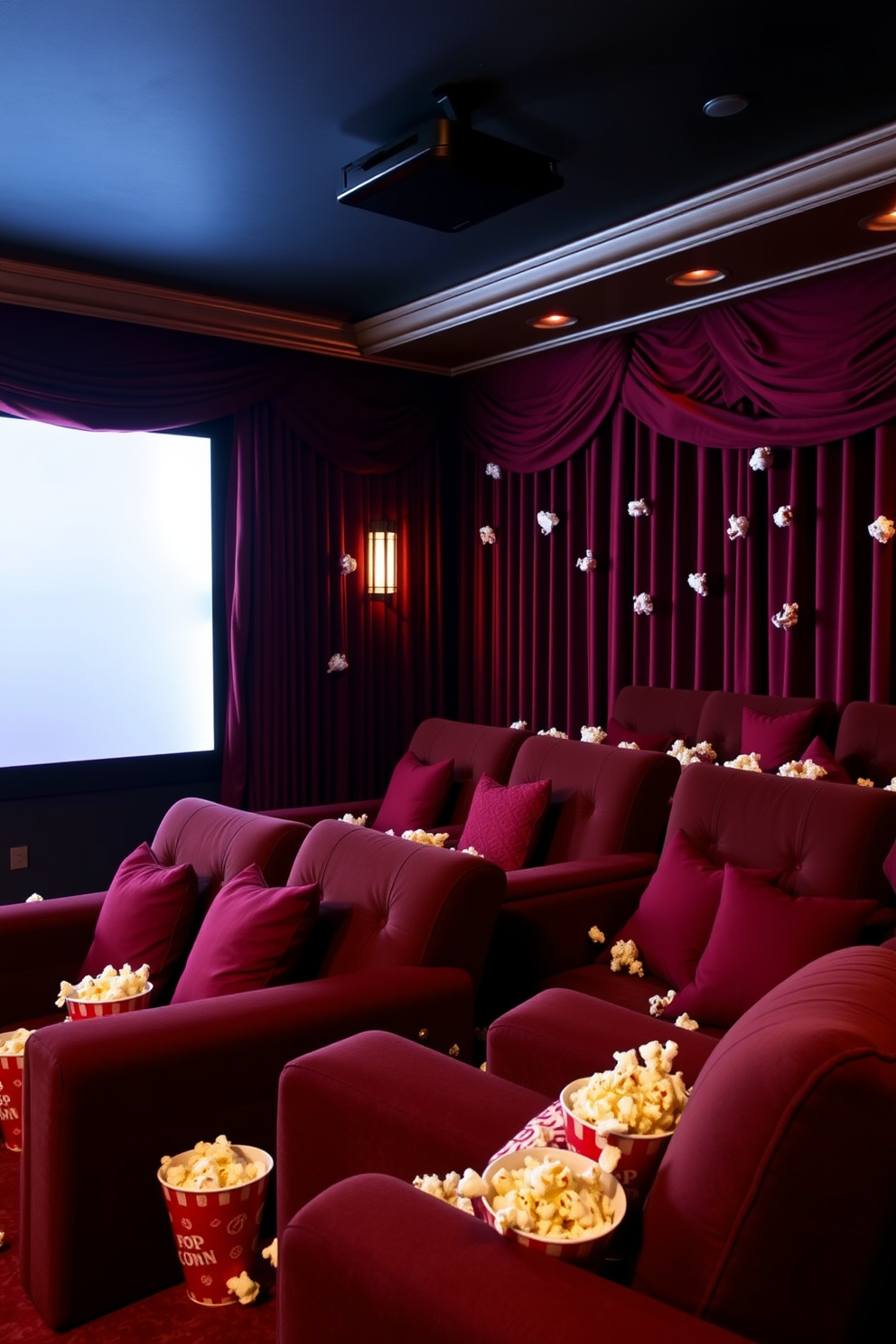 A cozy home theater adorned with red and pink themed popcorn bowls scattered throughout the space. The walls are draped in rich burgundy fabric, and plush seating is arranged for an intimate movie experience.