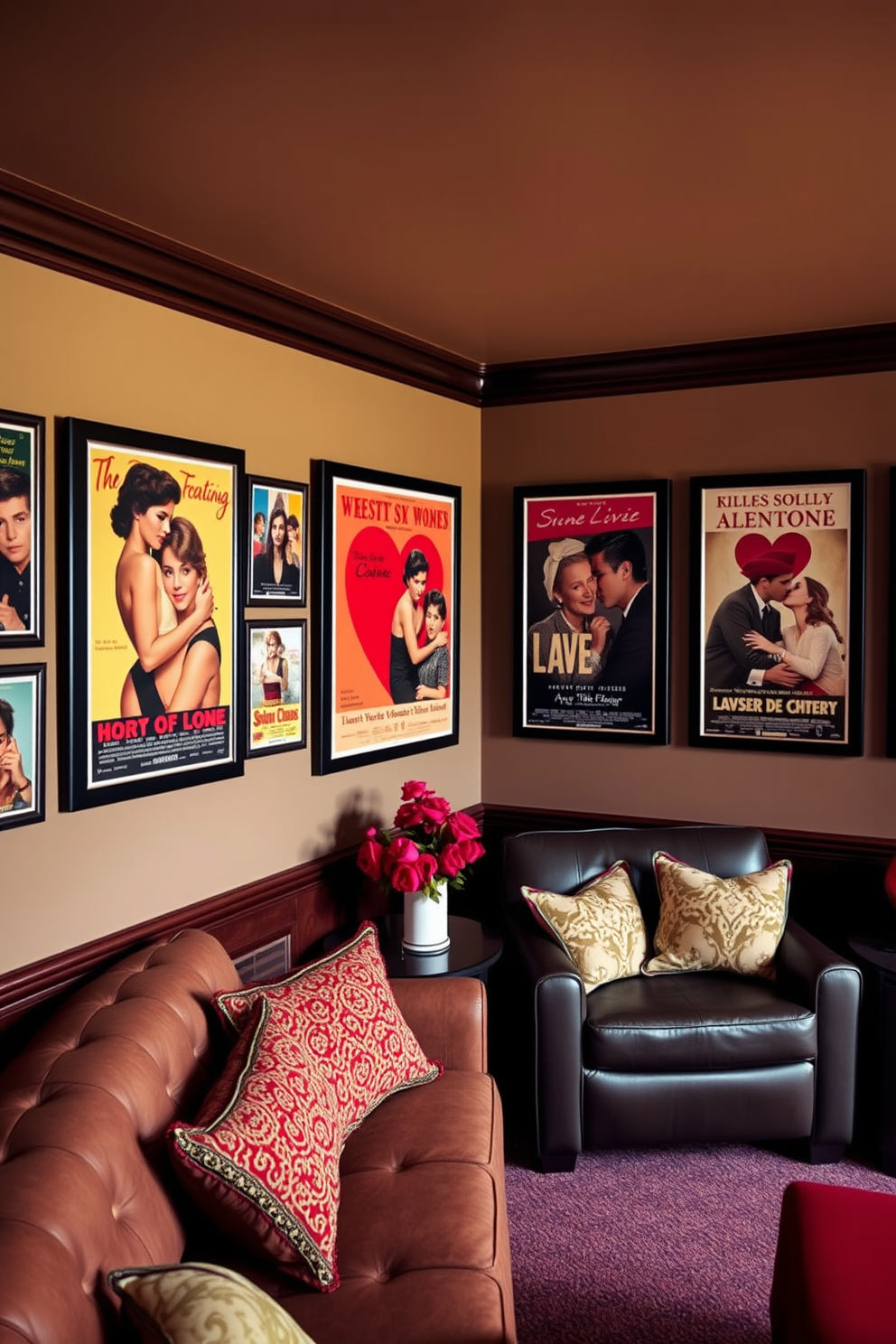 A cozy home theater adorned with vintage movie posters that celebrate love. The walls are lined with framed posters featuring classic romantic films, creating a nostalgic atmosphere perfect for Valentine's Day.