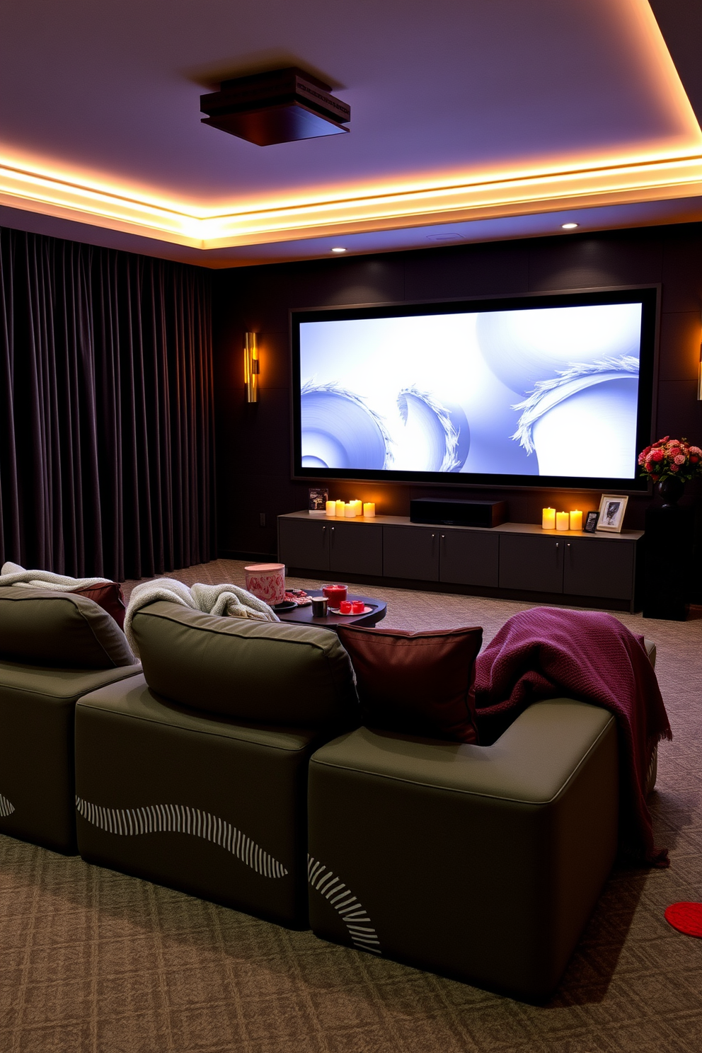 Create a serene home theater setting perfect for movie nights. The room features plush seating with soft throw blankets and a large screen mounted on the wall, surrounded by dimmable LED lighting for an inviting atmosphere. Incorporate scented candles strategically placed around the room to enhance the relaxing vibe. Choose candles with calming fragrances like lavender and vanilla to create a soothing environment for viewers. For Valentine's Day, decorate the space with romantic touches. Use soft pink and red accents, along with heart-shaped decor, to transform the room into a cozy retreat for couples.