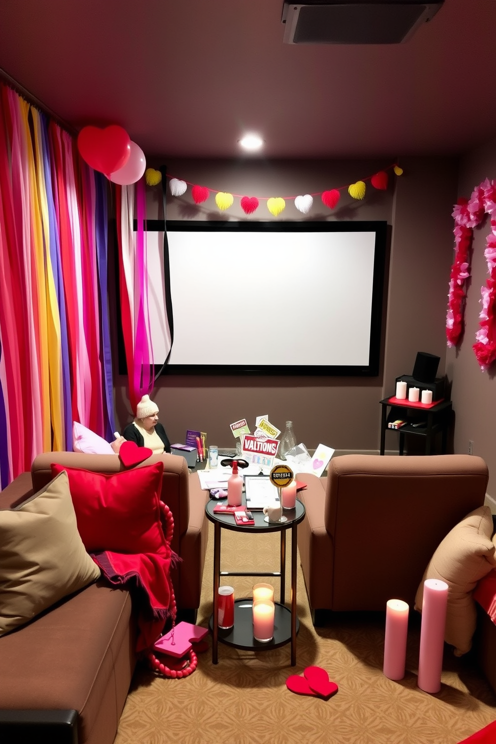 A charming DIY photo booth corner is set up with a colorful backdrop featuring streamers and balloons. A variety of fun props such as oversized glasses, hats, and signs are arranged on a small table for guests to enjoy. The home theater is designed with plush seating and a large screen for an immersive viewing experience. Soft lighting and soundproofing elements create a cozy atmosphere ideal for movie nights. Valentine's Day decorating ideas include heart-shaped garlands and romantic candle arrangements. Soft pink and red accents throughout the space enhance the love-filled ambiance.