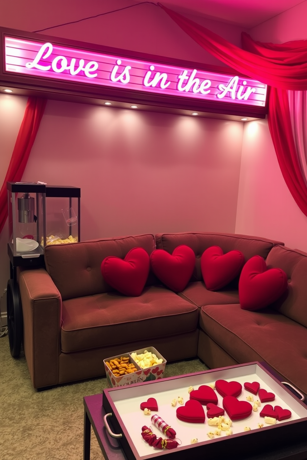 A cozy home theater setting designed for a Valentine themed movie night. The marquee sign reads 