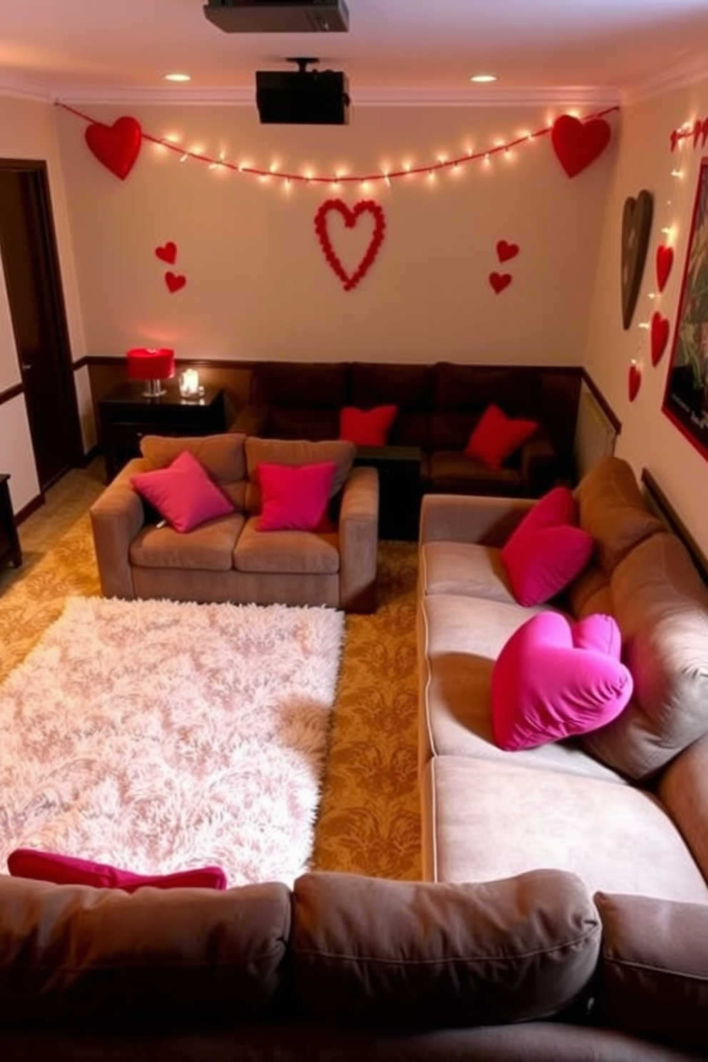 A cozy home theater setting with plush seating arranged for optimal viewing. Soft area rugs in warm tones cover the floor, adding comfort and style to the space. For Valentine's Day, the room is adorned with romantic decorations. Heart-shaped cushions and soft lighting create an inviting atmosphere perfect for a cozy movie night.