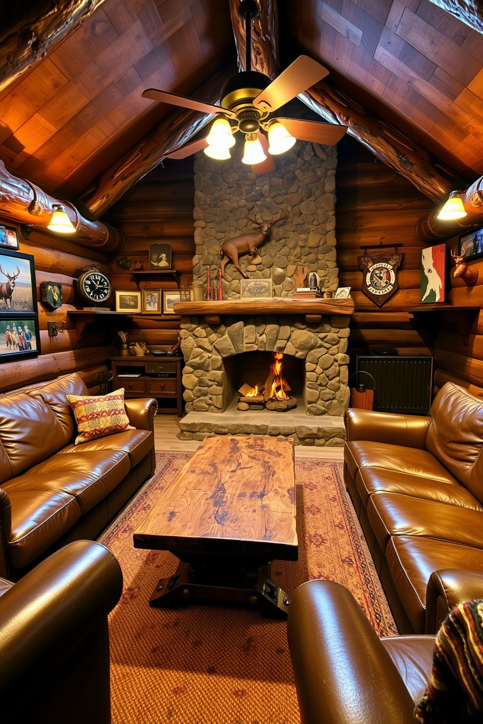 A cozy man cave featuring rustic wood paneling and exposed stone accents. The room is adorned with a large leather couch and a reclaimed wood coffee table at the center. Warm lighting fixtures create an inviting atmosphere, while vintage hunting memorabilia decorates the walls. A stone fireplace serves as the focal point, enhancing the rugged charm of the space.