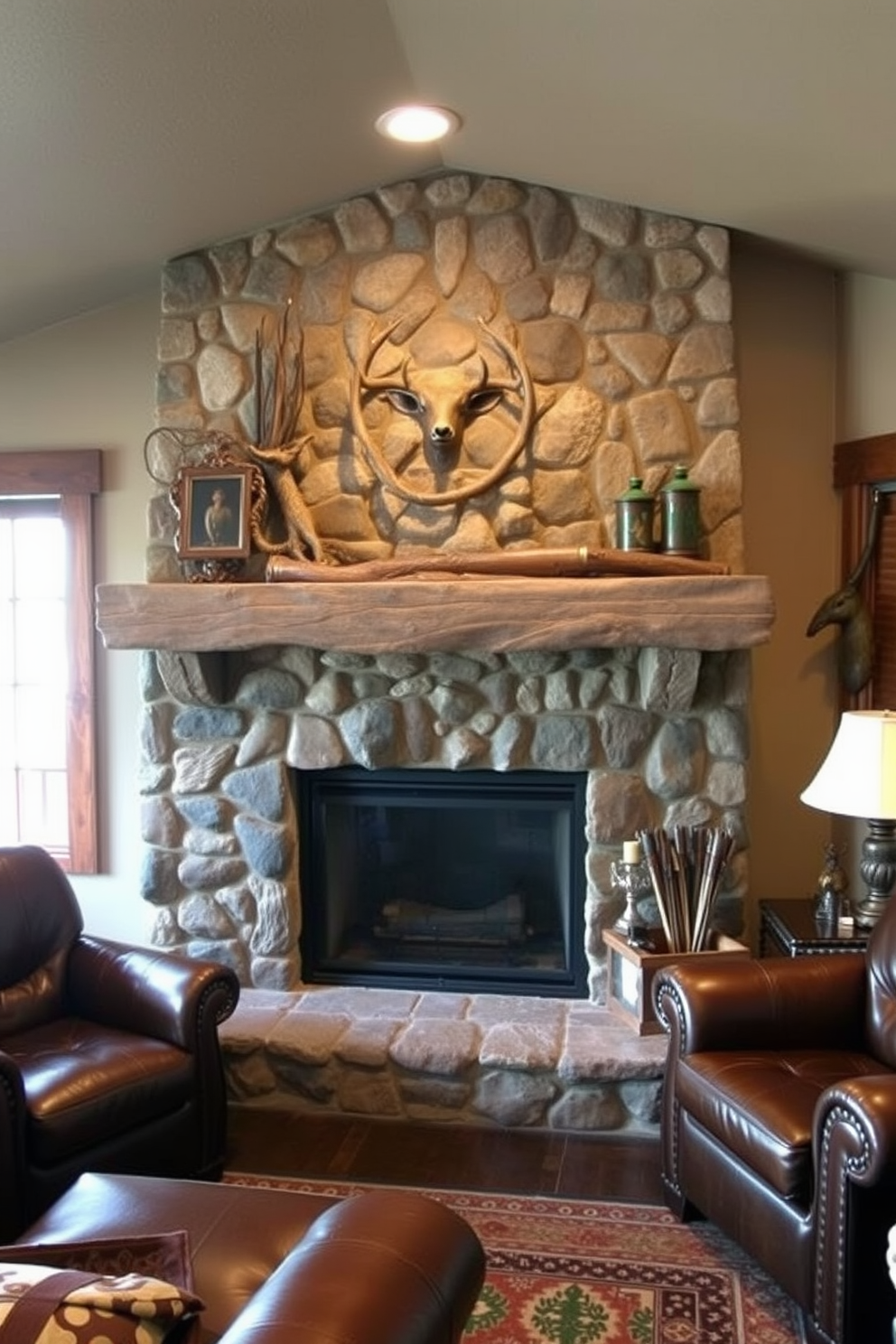 A cozy man cave featuring a rustic fireplace with a stone mantelpiece. The space is adorned with leather furniture and hunting-themed decor, creating a warm and inviting atmosphere.