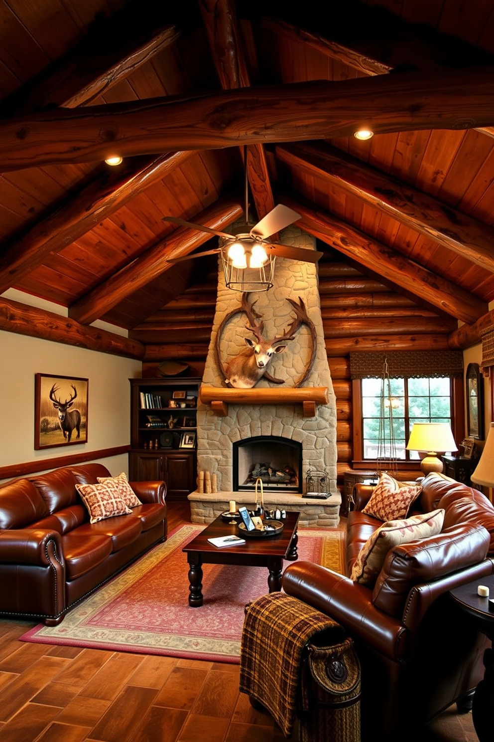 A cozy man cave designed with rustic charm. The ceiling features exposed wooden beams, creating a warm and inviting atmosphere. Rich leather sofas are arranged around a large stone fireplace. Dark wood accents and hunting-themed decor enhance the cabin feel throughout the space.