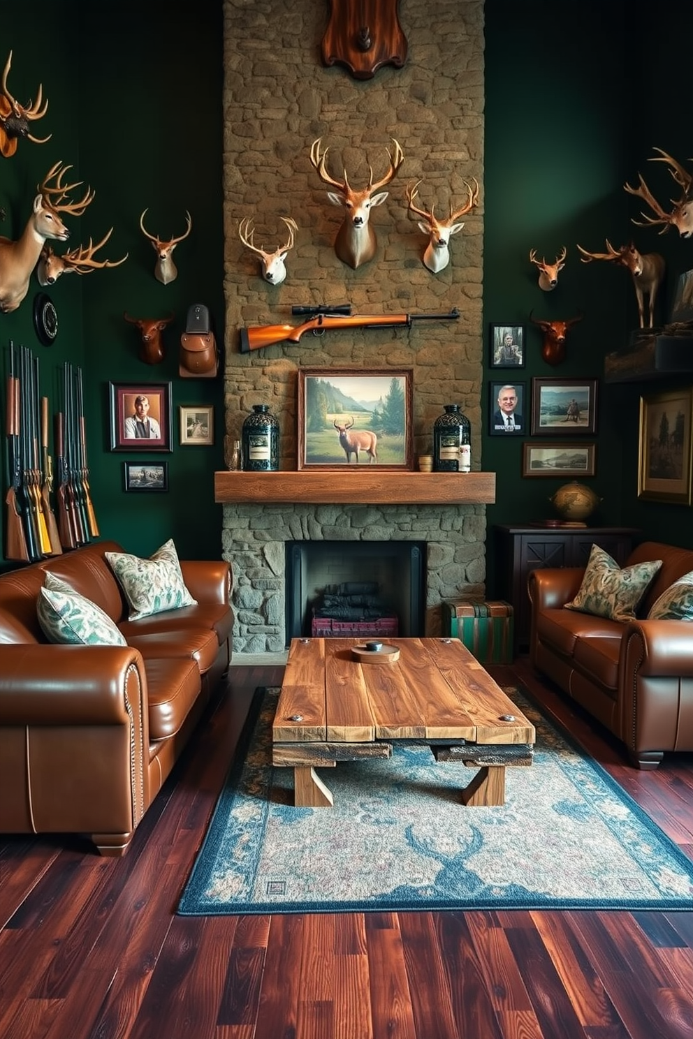 A rustic hunting man cave design featuring walls adorned with various hunting gear including mounted antlers, vintage rifles, and framed photographs of hunting trips. The space is complemented by a large leather sofa, a wooden coffee table made from reclaimed wood, and a stone fireplace that creates a cozy atmosphere. The walls are painted in a deep forest green, enhancing the outdoor theme, while the flooring consists of dark hardwood that adds warmth to the room. Accents like camouflage throw pillows and a deer-themed area rug further personalize the space, making it an inviting retreat for hunting enthusiasts.