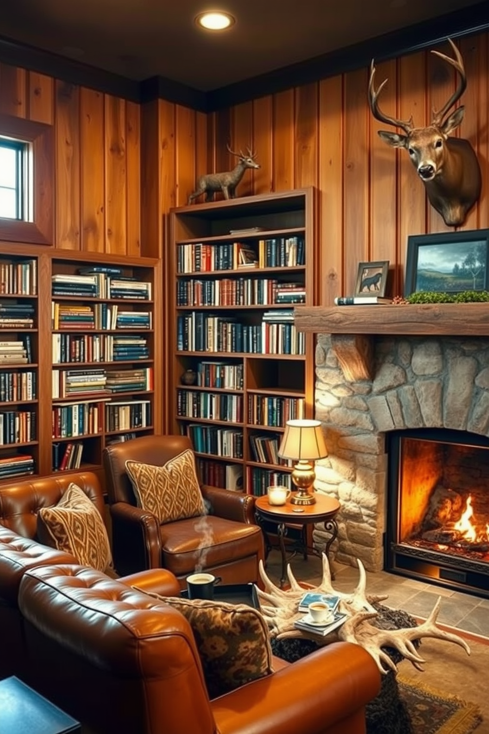 Cozy reading nook with armchair. A plush armchair is positioned in the corner next to a tall bookshelf filled with various books. Soft, warm lighting creates an inviting atmosphere. A small side table holds a steaming cup of tea and a decorative lamp. Hunting Man Cave Design Ideas. The space features rustic wood paneling and a large mounted deer head as a focal point. A leather sofa is placed in front of a stone fireplace, complemented by an antler coffee table.